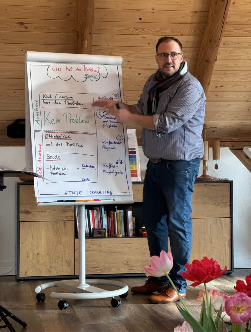 Jan-Hendrik Stute erklärt am Flipchart im Gordon-Familientraining